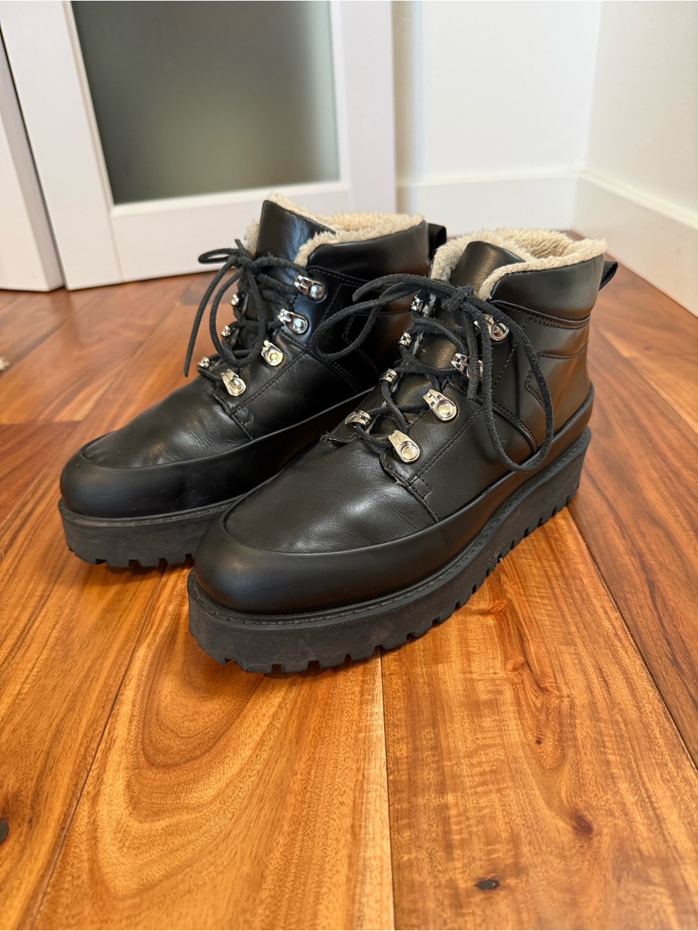 Ganni Leather Lug Sole Moto Boots, Black, size 40/ US 9